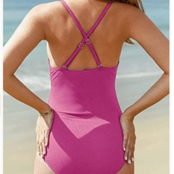 Summer Mae Maternity Swimsuit One Piece Bathing Suit Button Neck Cross Back NWT - Picture 3 of 13